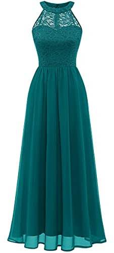 Wedtrend Abito da sera da donna, lungo, con scollo all'americana, vestito donna, abiti da ballo eleganti per matrimonio, in chiffon, per damigella d'onore, Verde pavone, S