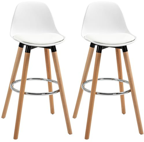 HOMCOM Juego de 2 Taburetes Altos de Cocina Altura Asiento 69 cm Taburetes de Bar Sillas Altas de Cocina Tapizado en PU con Respaldo Patas de Madera para Comedor Blanco