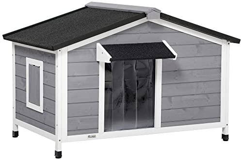 PawHut Niche Chien Style Cottage - 2 fenêtres, Porte, Toit ouvrant bitumé - dim. 109 x 79 x 72 cm - Bois Sapin Gris
