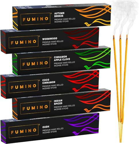 Fumino Räucherstäbchen Set Kamin & Frost – Handgefertigte Masala Agarbatti für Entspannung, Meditation & Duft – 6 Boxen, 84 Stäbchen