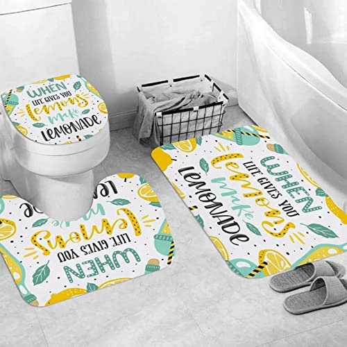 Badteppich 3 Stück Weiche saugfähige Badematten,Gelbes Blatt, Saft, Zitronen, Inschrift, Essen, Trinken, Limonade, Zitat, Süße, ,Rutschfeste Badematte Teppiche & Toilettendeckelabdeckung Set Waschbar