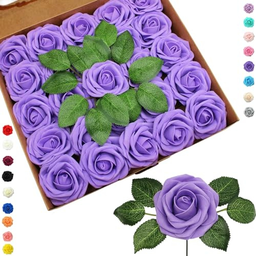 COSORO 25 Piezas Rosas Artificiales Morado,Flores Artificiales Decoracion Cumpleaños Bodas Fiestas Jardín Hogar,Rosas Falsas de Espuma con Tallo Regalos para Manualidades San Valentín Mujeres