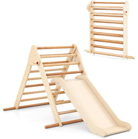 COSTWAY Toddler Climbing Frame, Folding Kids Triangle Climber with Slide, Wooden Indoor Montessori Play Gym for Boys Girls 1+ Years Old (Natural)