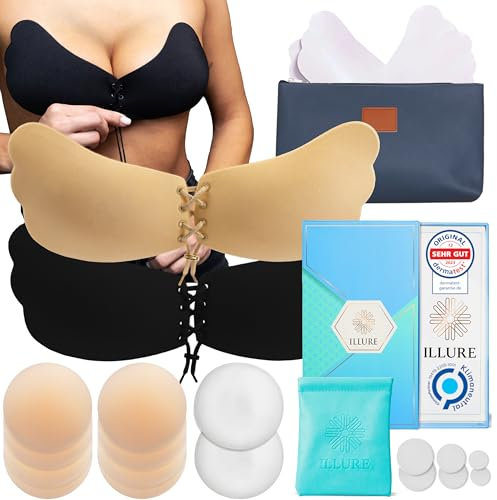 ILLURE® Nippelpads + Klebe BH Set | Damen Nipple Cover [4 Paar] und Selbstklebender Push-Up Klebe BH [B-Cup] | unsichtbar, wiederverwendbar & waschbar |rückenfrei & trägerlos | inkl. Make-Up Tasche