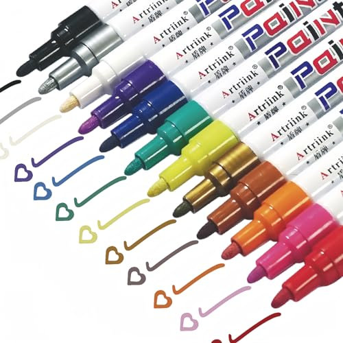 JRJRN 12 Farbens Permanent Marker Wasserfeste Stifte Set, Schnell Trocknende Permanentmarker Lackstift, Farbechte Marker auf Ölbasis Reibungsloses Schreiben, Stark Deckende Bunt Glasstift für Steine