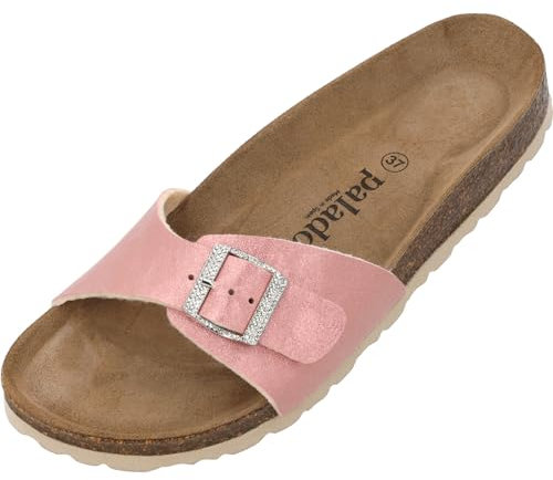 Palado Pantoletten Damen Malta Metallic SQS - elegante Sandalen Made in Spain - bequeme Hausschuhe mit Kork-Fußbett - modische Sommerschuhe Pink UK7 - EU40