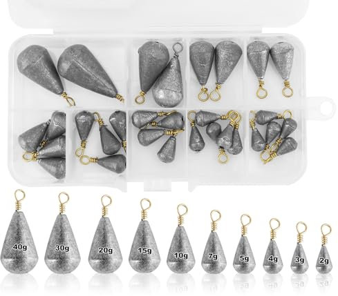 30 Stück Tropfenform Angelgewichte Kit, Birnenblei Angeln Zehn Größen, Tropfenform Angeln Grundblei mit Plastikkiste, Angeln Casting Blei Sinker, Blei Freien Angel Zubehör für Eine Stausee See