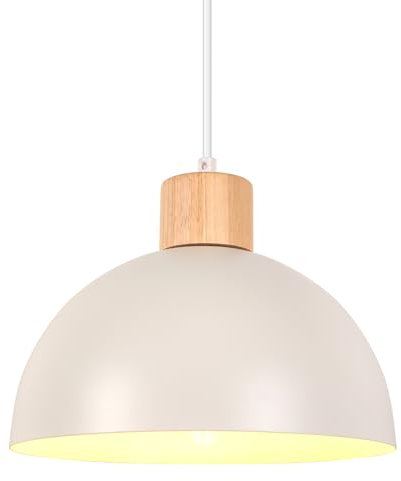 iDEGU Lampada a Sospensione Retrò 25CM LED Lampada a Soffitto in Legna Metallo Moderna Lampadario Stile Scandinavo a Semicerchio Plafoniera per Soggiorno Sala da Pranzo Camera da Letto (Bianco)