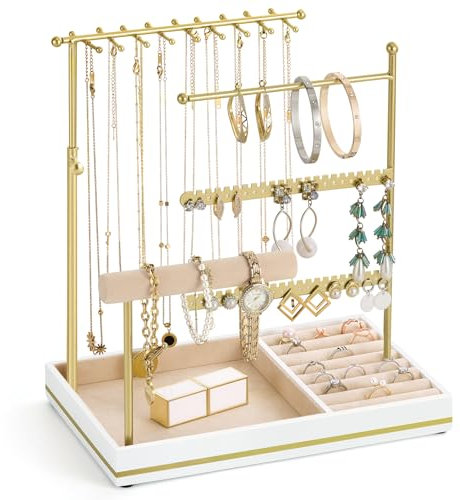 Emibele Jewelry Holder, Jewelry Organizer Stand Necklace Earrings Bracelet Holder, 5 Tier Accessory Display Tower Rack with Metal Frame and Velvet Ring Tray, Organizer Stand Gift for Women, Gold