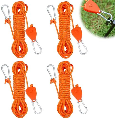 URHELP 4 Stück 4mm Rope Seilratsche mit Haken, Reflektierend Abspannseile mit Seilspanner, Einstellbare Sonnensegel Spanner, Camping Zubehör, Windfestes Seil für Sonnensegel Wäscheleine