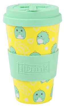 IDRINK - RPET-kaffekopp med öppningsbar silikonlock, lätt att bära 435 ml, återvind plast takeaway mugg 8,7 x 8,7 x 15 cm ergonomisk 435 ml (Hello Dino)
