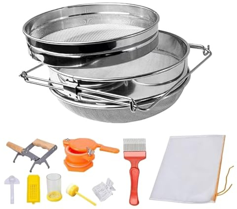 Psdndeww Kit d'outils d'apiculteur, double tamis et kit de récolte de miel pour les apiculteurs, la fourchette et le sac filtrant