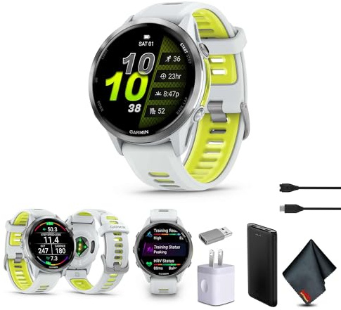 Garmin Forerunner 970 Running Smartwatch, GPS Fitness Smart Watch for Men and Women, Titanium with Whitestone Case and Whitestone/Translucent Amp Yellow Band​ Bundle with P-Bank + More