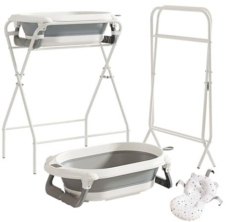 UBRAVOO Babybadewanne mit Ständer, faltbare Babybadewanne mit Thermometer und Badekissen, ergonomisches Kissen und Abflussöffnung, langlebig, ideal für Neugeborene und Babys bis zu 12 Monaten (Grau)