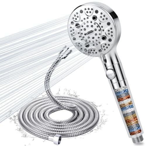 Pommeau de Douche 9 Modes avec Tuyau 2m, Douchette Douche Salle de Bain Anti Calcaire avec Filtre à 15 Étapes e Bouton D'arrêt, Poire de Douche Economie Deau Flexible de Douche 2m (Chrome)