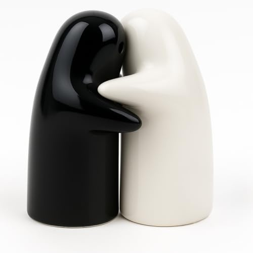Saleros de cocina de abrazo, saleros de mesa de cerámica, set salero y pimentero color blanco y negro con forma de fantasmita, apto para salero y azucarero cocina (Salero sin caja regalo)