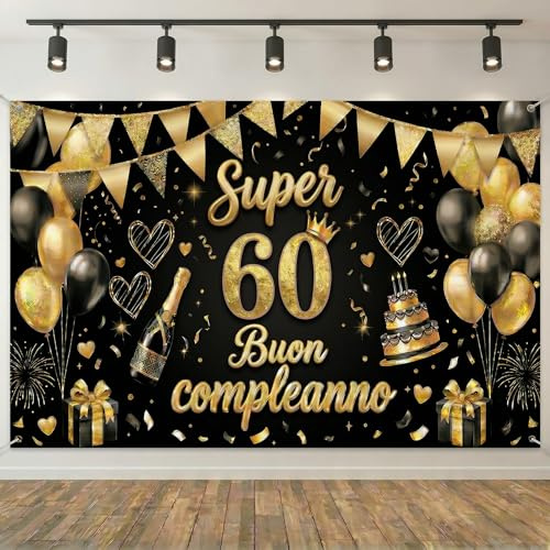 Striscione di Compleanno 18 30 40 50 60 70 80 Anni, Compleanno Festa Decorazioni Oro Nero, Fondale per Decorazioni del Buon Compleanno Decorazione 180x115 cm, (60 Anni)