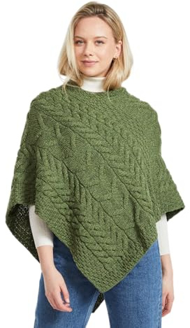 Aran Woollen Mills Poncho en Tricot Irlandais pour Femme Cardigan Triangulaire en Laine Mérinos Supersoft Fabriqué en Irlande (Vert Prairie)