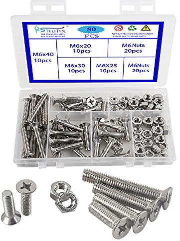 Rshuhx 80pcs M6 Senkkopfschrauben flach-Knopf Schraube und Mutter Set 304 Edelstahl Kreuz Maschinenschrauben Befestigung Werkzeug für Babybett Kopfteile Stühle Möbel Fastener Repai