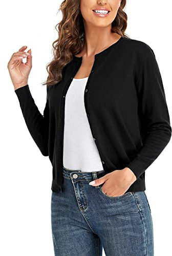 CUNYI Cardigan Donna Maglia con Bottoni Girocollo Classico Manica Lunga Giacca Cappotto Elegante, Nero S