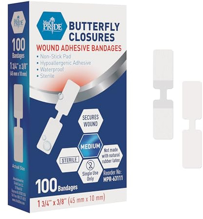 MED PRIDE Butterfly Wound Closure Strips Pack of 100 Sterile Nonstick Hypoallergenic Latex Free Bandages for Cuts and Injuries (Medium)