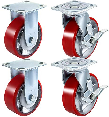 VEVOR Hjul 15 cm set med 4 2 styva hjul och 2 hjul med sidobroms kärnplatta av järn, polyuretan, lastkapacitet 450 kg per hjul för verkstad, garage, lager