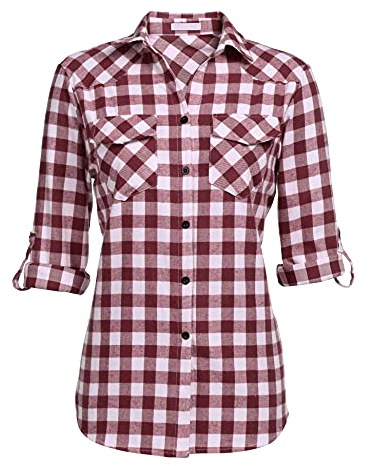 ZEAGOO Traditionell blus damer, oktoberfest, rutiga skjortor, långärmad, traditionell skjorta, rutig skjorta, träskjorta, toppar, ledig, V-ringad skjorta, blus, Vinröd, XXL