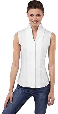 Vincenzo Boretti Damen Bluse mit Kelchkragen leicht tailliert 100% Baumwolle bügelleicht Kurzarm ärmellos Hemdbluse mit Stehkragen elegant festlich auch für Business weiß 38