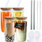 EOGRFW 4 Stück Bubble Tea Becher,Trinkgläser mit Deckel und Strohhalm,Smoothie Becher,Eiskaffee Gläser,Wiederverwendbare Bubble Tea Gläser,710ml Glasbecher Longdrinkgläser