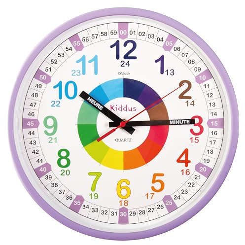 Kiddus Horloge Murale Éducative pour Enfants, Garçon, Fille. Diamètre 30 cm.Time Teacher Analogique avec Exercices. Mécanisme en Quartz Silencieux. XL Pastel Purple FRANÇAIS
