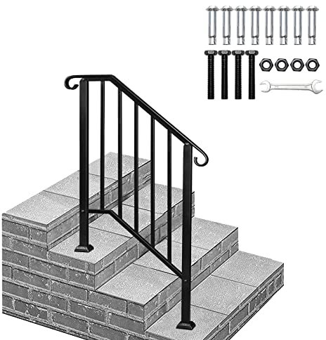 Outdoor Handrails for Stairs, Wrought Iron Hand Rails Stairs for Outdoor Steps Handrail Stair Railing Handrail for Cross Bar Stairs Hand Rails Outside Steps Black Railing (2 to 3 Steps)