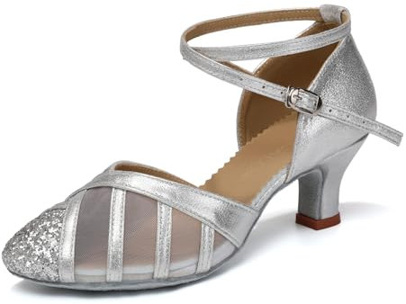 YCALCP Damen Latin Tanzschuhe Glitzer Salsa Tango Soziale Ballsaal Hochzeit Party Tanzschuhe,105-argento-5.5CM,39 EU