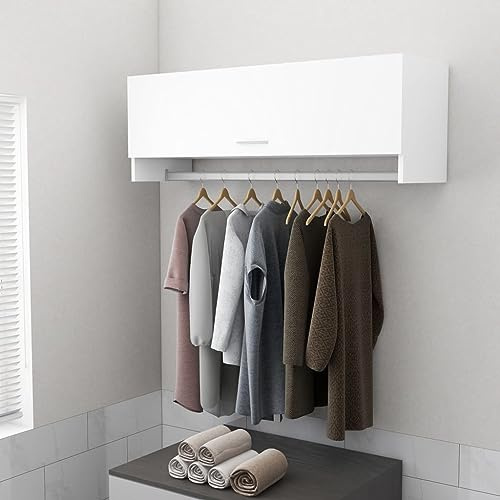 PIXZSSI Armario multifuncional para dormitorio, 2 compartimentos, madera, compacto, barra para abrigos, blanco, 100 x 32,5 x 35 cm