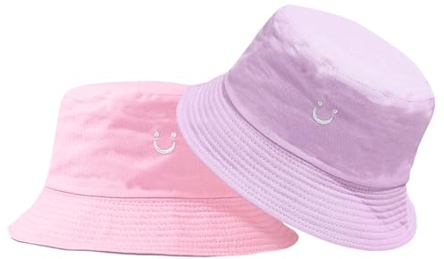 SUBTAVIK Kids Sun Hat - Smile Face Reversible Bucket Hat for Boys and Girls, Wide Brim, Double Sided Breathable for Toddlers 2-8 Years, Pink/Purple