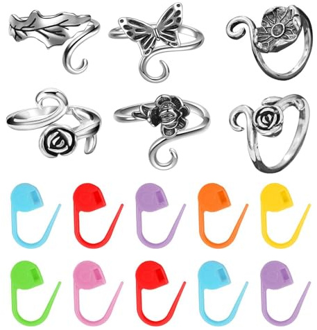 WUFGWBD 6 Pieces Crochet Rings And 10 Pieces Plastic Positioning Buckles, Open Adjustable, Knitting Accessories, Metal Crochet Rings