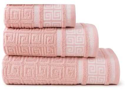 DH DREAMER HOME Juego de 3 Toallas de Baño – Diseño Greco Reversible – 100% algodón Extra Suaves y absorbentes – 1 de Tocador 30x50cm, 1 de Mano 50x90cm y 1 de Baño 100x150cm (Greco Rosa)