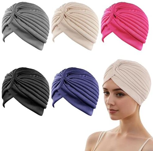 Lot de 5 Turbans Pré-noués pour Femme, Bonnets Chimio Confortables pour Perte de Cheveux, Chapeaux de Nuit et Quotidiens, Tissus Doux Multicolores