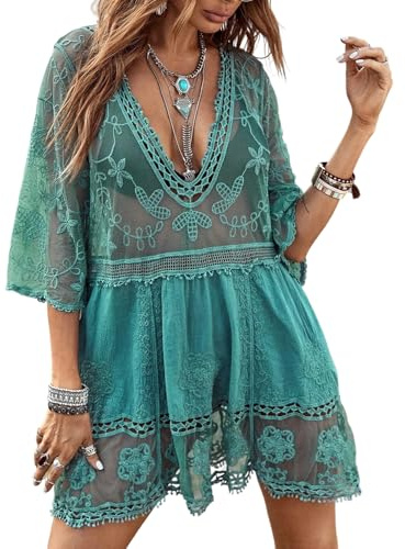 EOAMGO Kimono de Playa para Mujer de Encaje Pareo – Vestido de Playa Bikini con Encaje – Poncho de Playa túnica de Verano, Pareo Bikini Ligero para Playa y Vacaciones, Blanco (Verde)
