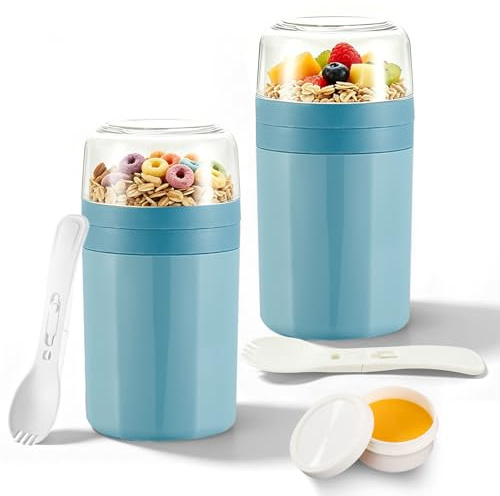 Bocguy 2 vasos de cereales para llevar, 770 ml, para yogur, gachas, de material PP, diseño de 3 capas con cuchara y caja de salsas para cereales, yogur, gachas, sopas (azul)