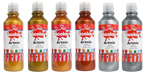 Scola Readymix Water Based Tempera Paint, 6 Assorted Metallic Colours, 300ml Bottles, Safe Non-Toxic Poster Paints, Craft Projects, Suitable for 3+