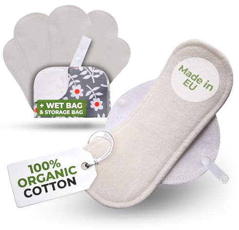 Waschbare Binden bio Bambus; 6-Pack + Tasche (Größe S+M) MINI Stoffbinden MADE IN EU; wiederverwendbare Binden Waschbar mit Flügeln; kleine Waschbare Stoffbinden für Menstruation; Damenbinden waschbar