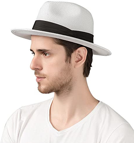 Lanzom Herren Wide Brim Straw faltbare Roll Up Hat Fedora-Sommer-Strand Sonnenhut Faktor 50+ Einheitsgröße Style B-weiß