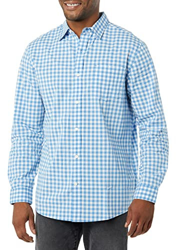 Amazon Essentials Herren Langärmeliges Hemd Aus Stretch-Popeline Mit Normaler Passform, Hellblau Weiß Vichy-Muster, XL