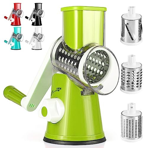 Dreamhigh® Mandoline de Cuisine Manuelle, Coupe Legumes Multifonctions avec 3 Lames de Tambour Détachables, coupe legume pour Pommes de Terre, Forte Aspiration, Carottes, Fromage, Noix, etc