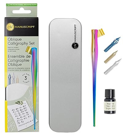 MANUSCRIPT Modern Oblique Calligraphy Writing Pen Set (Rainbow) - 1x Dip Pen Holder, 3x Dip Nibs, Black Ink (7ml) & Practice Sheet, Ideal for Modern Calligraphy Writing