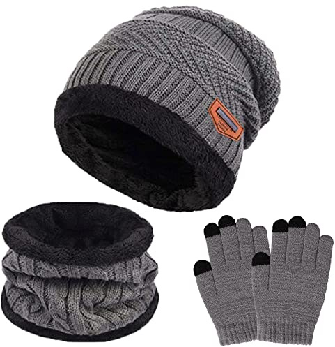 Gorro Invierno Niños Niñas Conjunto de Gorro Bufanda y Guantes Niño, Cálido Gorro de Punto Bufanda con Forro Polar Guantes con Pantalla Táctil para Niño Niña de 5 a 10 Años(gris)
