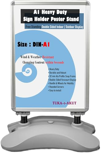 TUKA-i-AKUT DIN A1 Soporte para Carteles, Doble Cara, Robusto Expositor de Póster con Ruedas y Marco de Aluminio, Base Resistente, Soporte Publicitario Estable Interiores y Exteriores, TKD8425 Gris