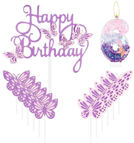mciskin Fjäril grattis på 6:e födelsedagsljus, fjäril tårtdekorationer, rosa lila nummer 6 ljus för tårta, lila cupcake toppers flickor, glitterrosa topp för flickor 6:e födelsedagsdekorationer
