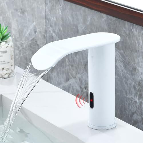 XJTNLB Sensor Wasserhahn Warm Kalt Wasserfall aus Edelstahl Infrarot mit Sensor, Weiß