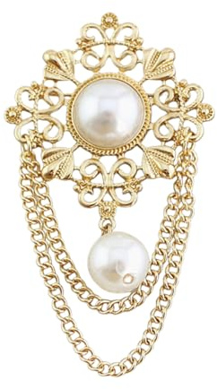 Vintage Round Simulated Pearl Filigree Flower Chain Tassel Brooches Lapel Pins for Women Party Dance Banquet Dainty Boho Dangle Drop Pin Dress Suit Clothes Accessories Jewelry (White)